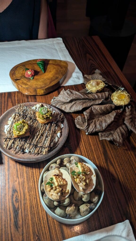 a table with plates of food