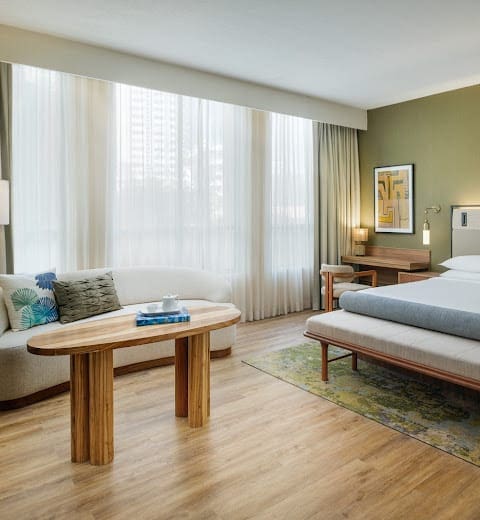a room with a bed and a table