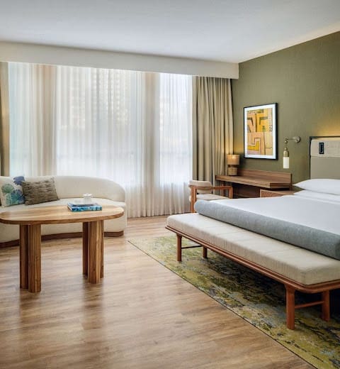 a room with a bed and a table