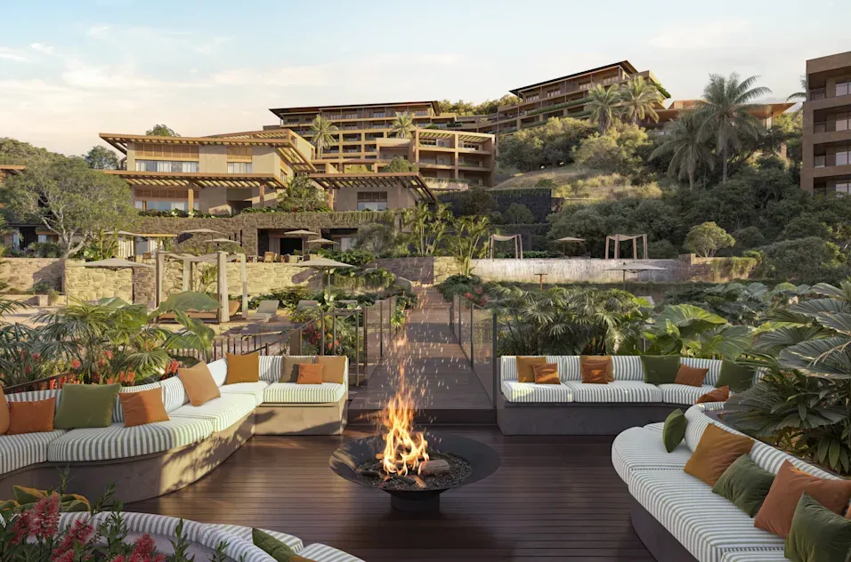 a fire pit with a group of couches and plants
