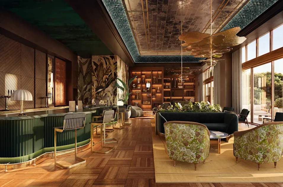 a room with a bar and chairs