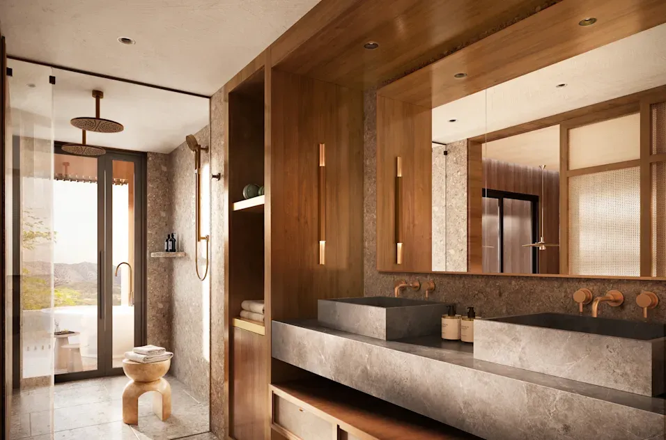 a bathroom with a large sink and a large mirror