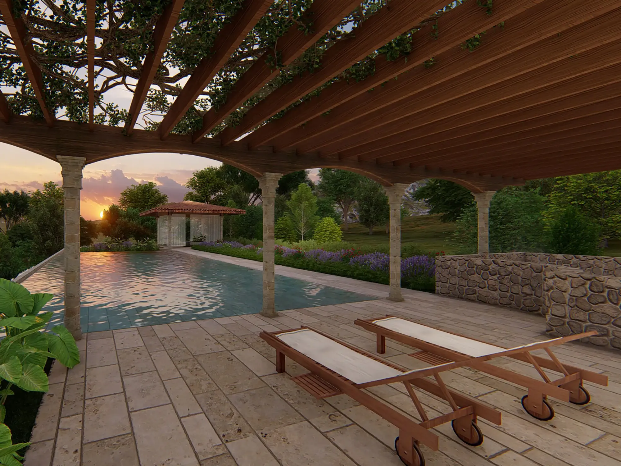 a pool with lounge chairs and a stone wall