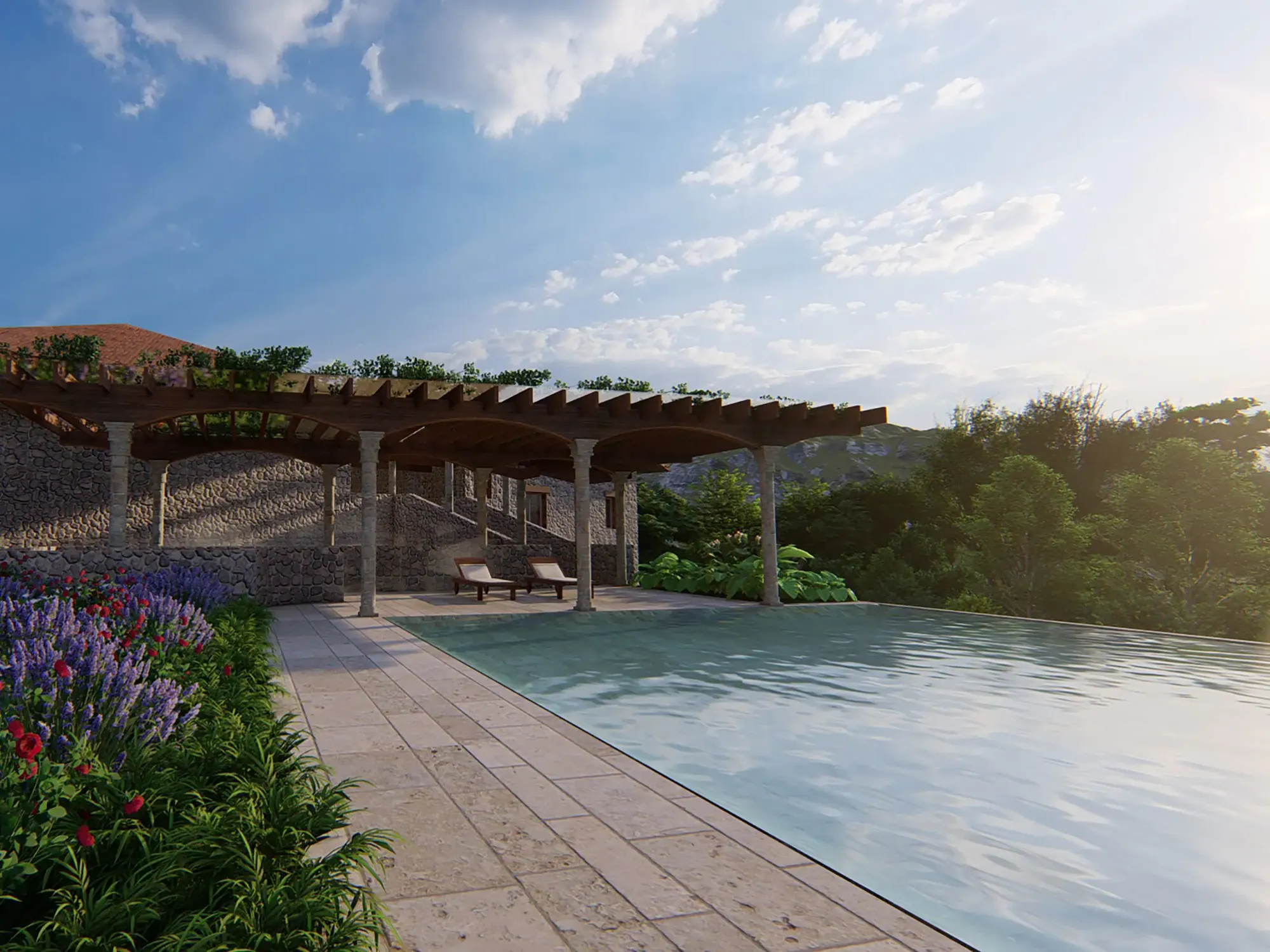 a pool with a stone structure and a stone wall