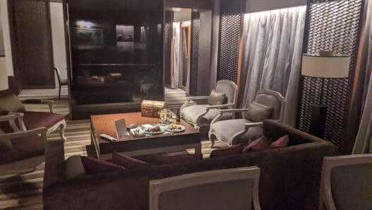 a room with a table and chairs