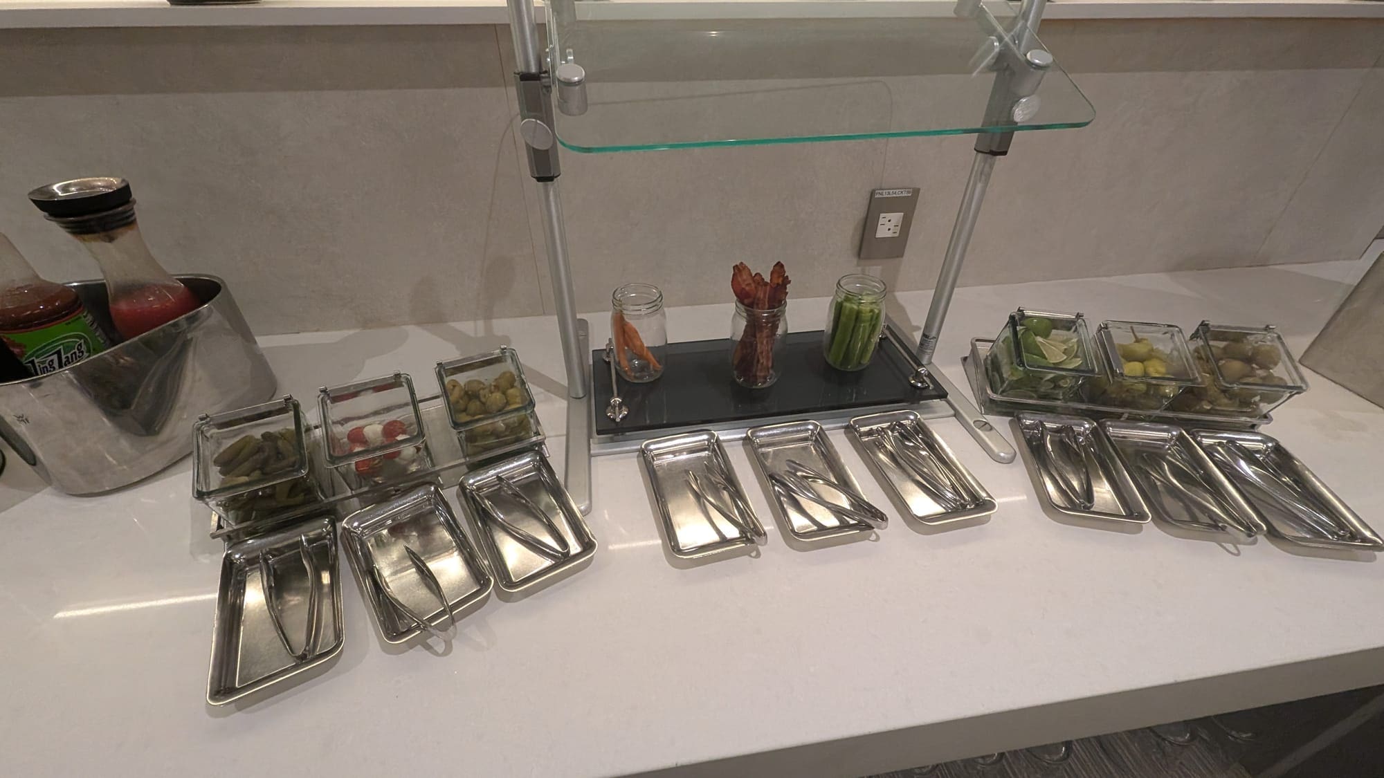 a buffet table with different food items