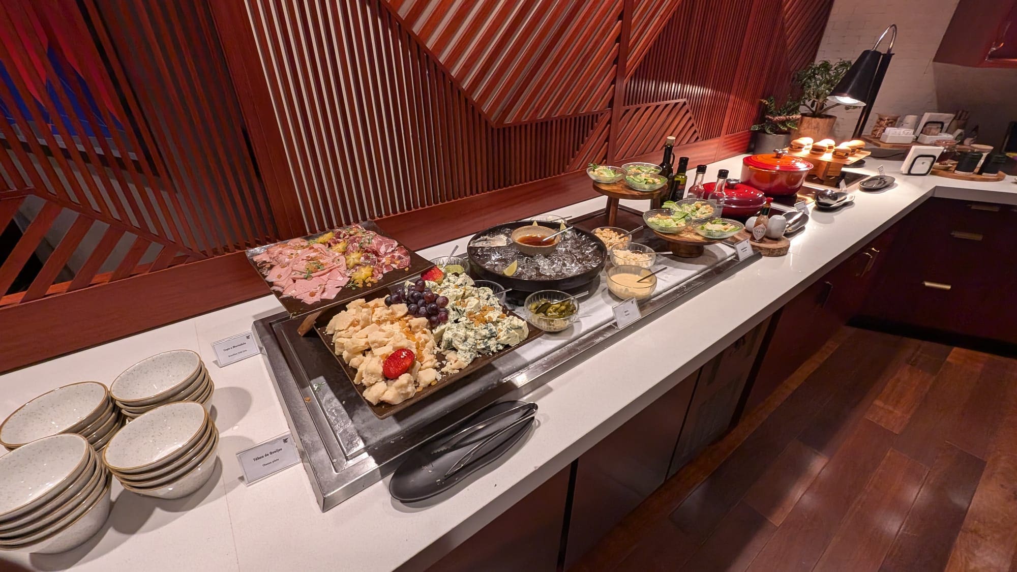 a buffet table with food on it