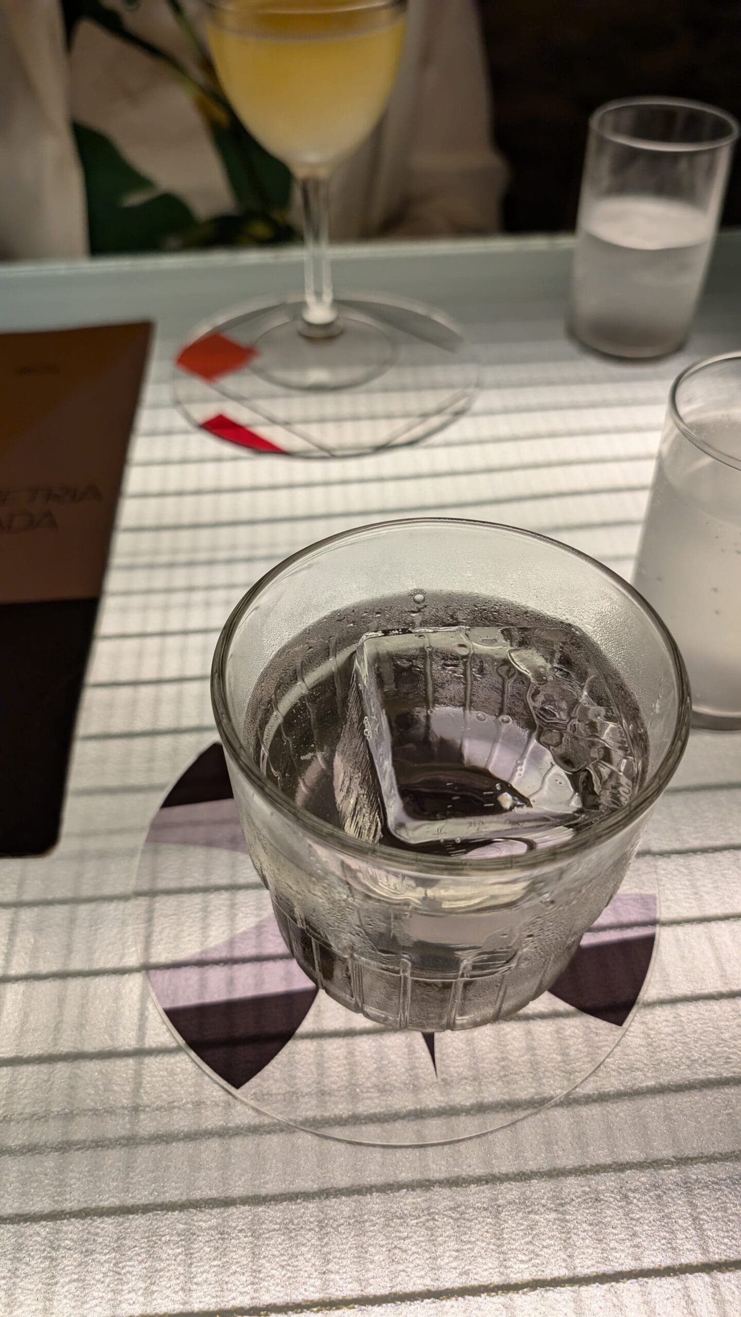 a glass of water with ice cube in it