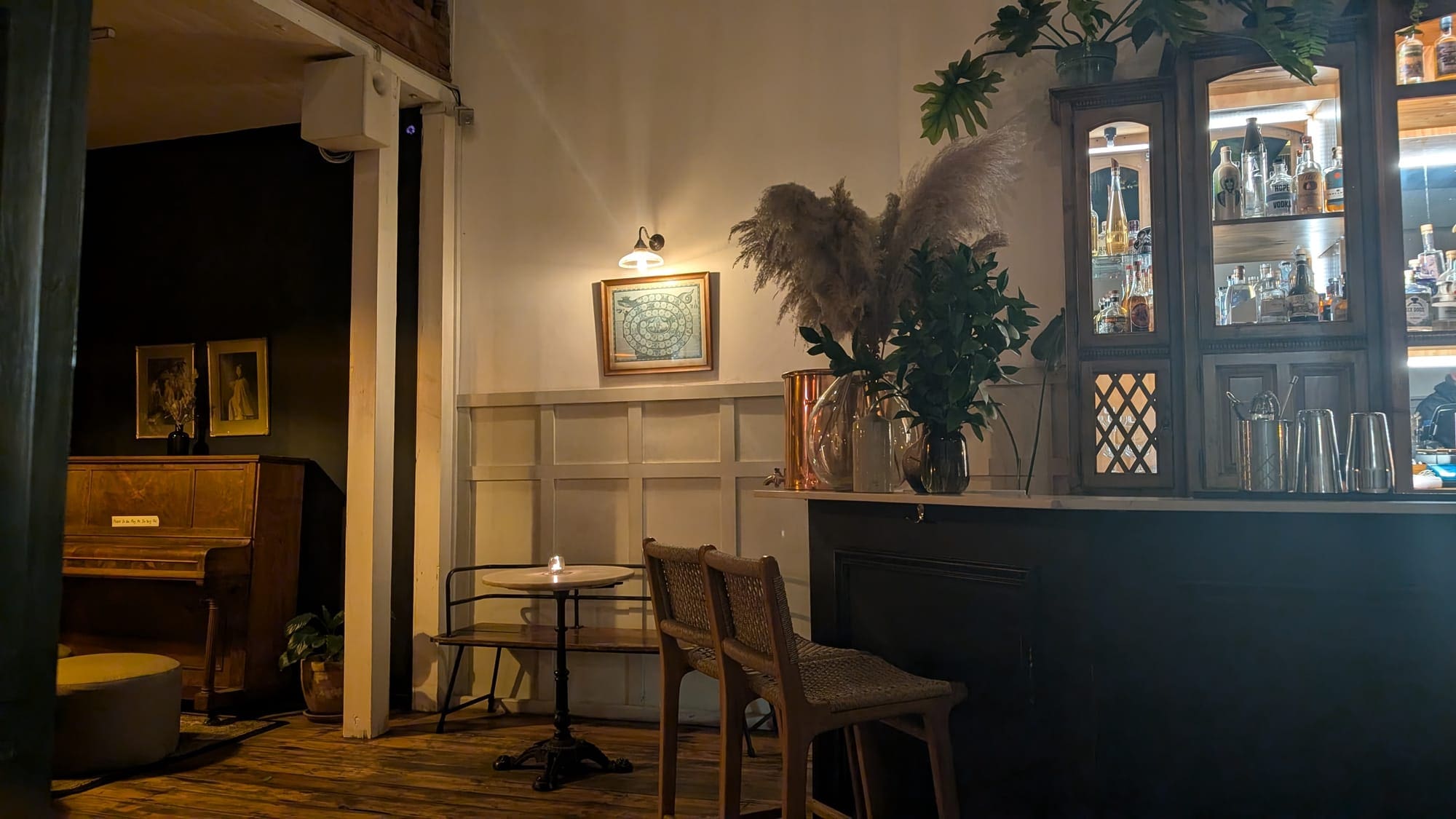 a room with a table and chairs