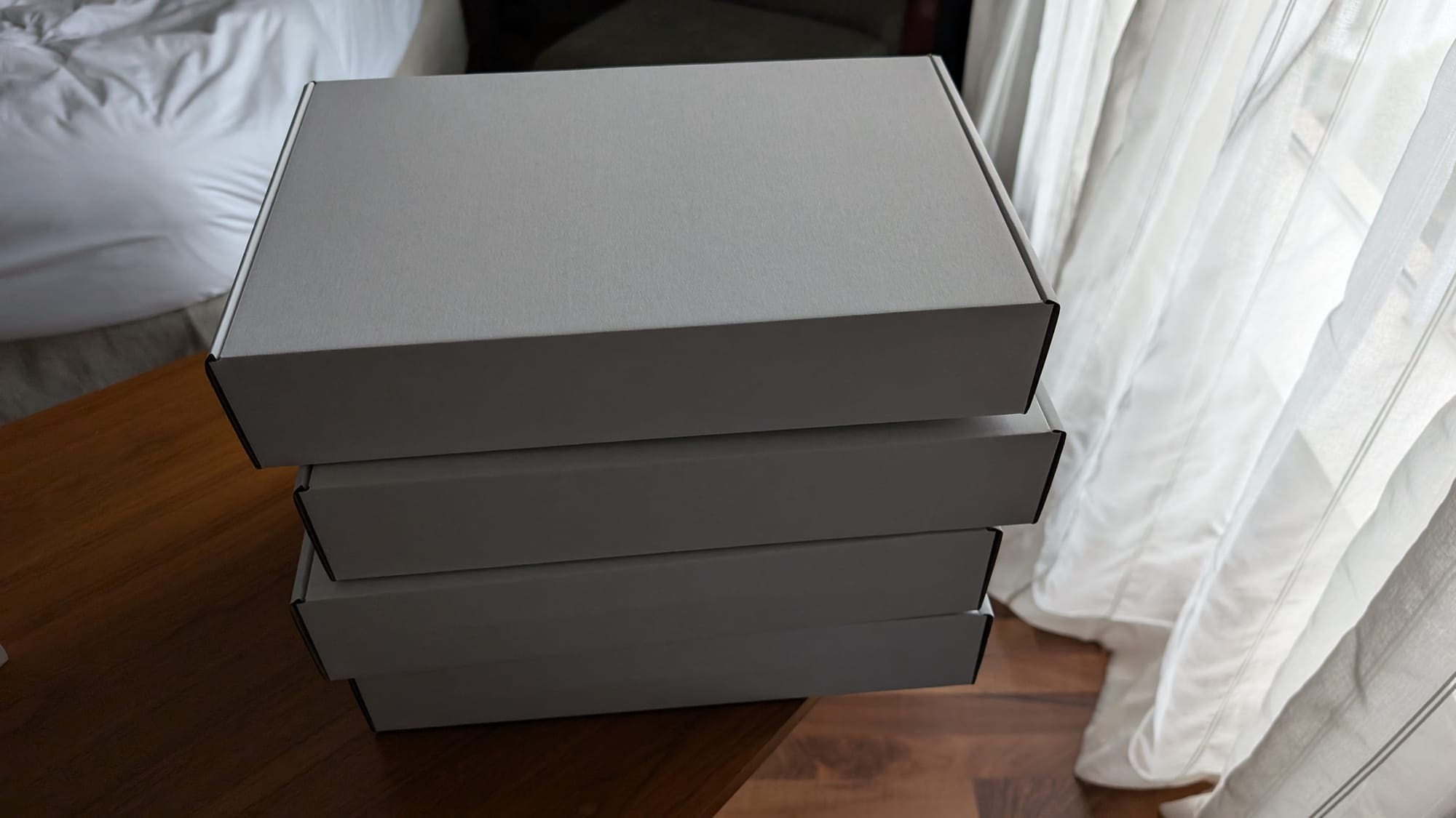 a stack of grey boxes