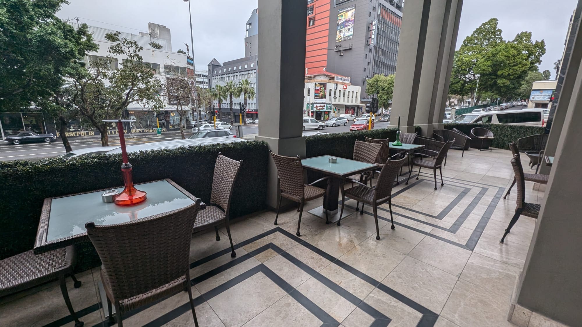 a table and chairs on a patio