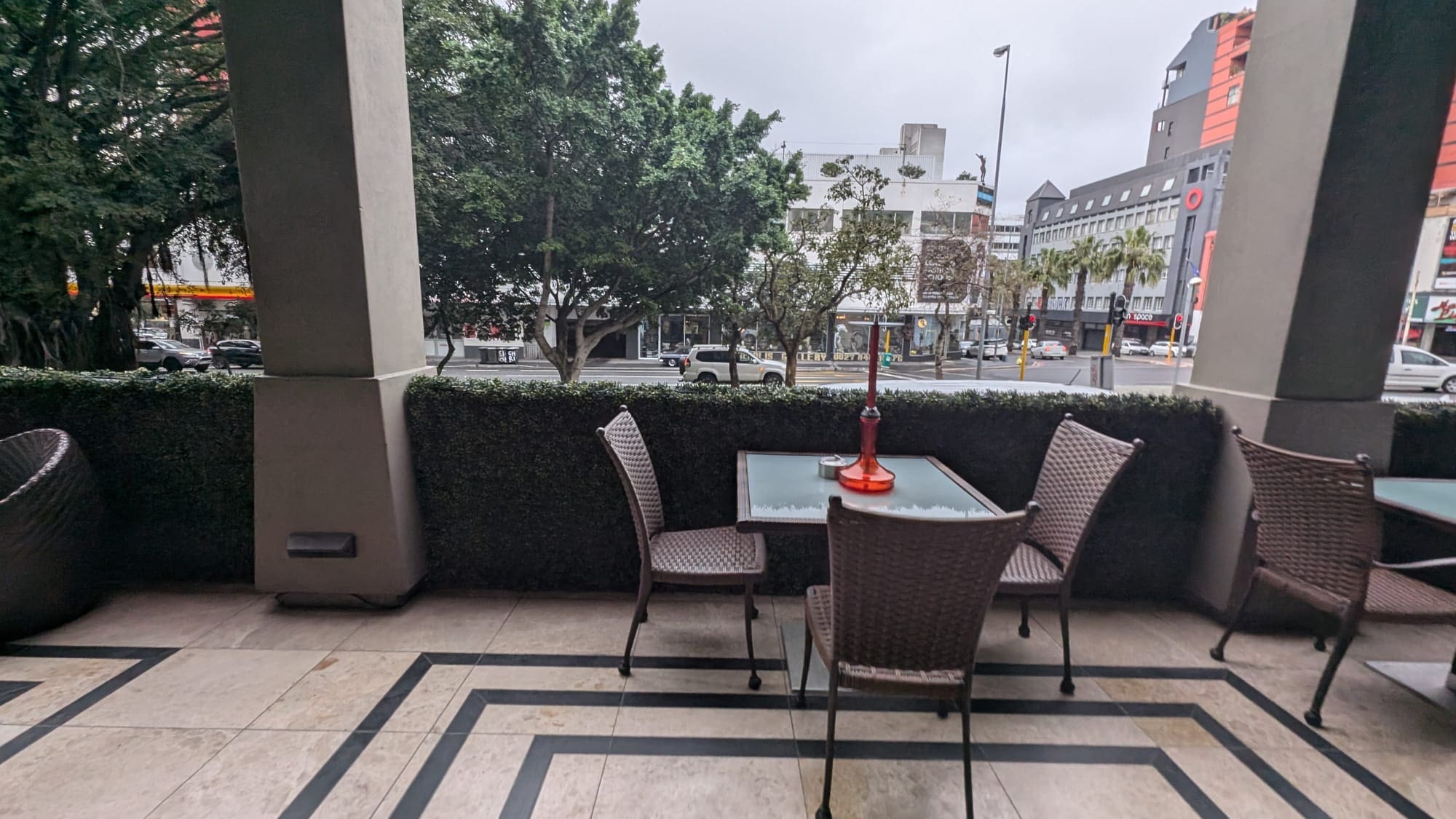 a table and chairs on a patio