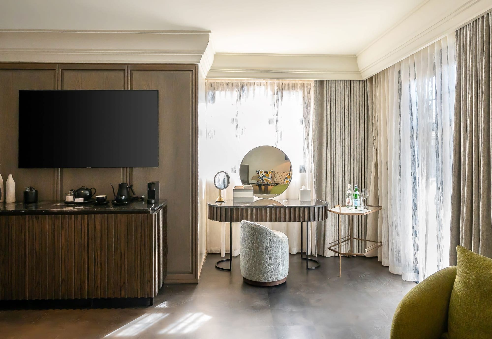 a room with a television and a table