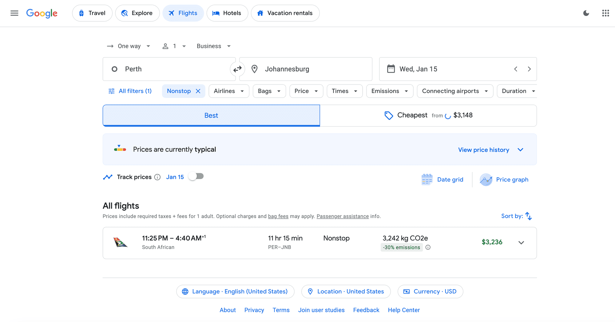 Google flights pricing of Perth to Johannesburg routes