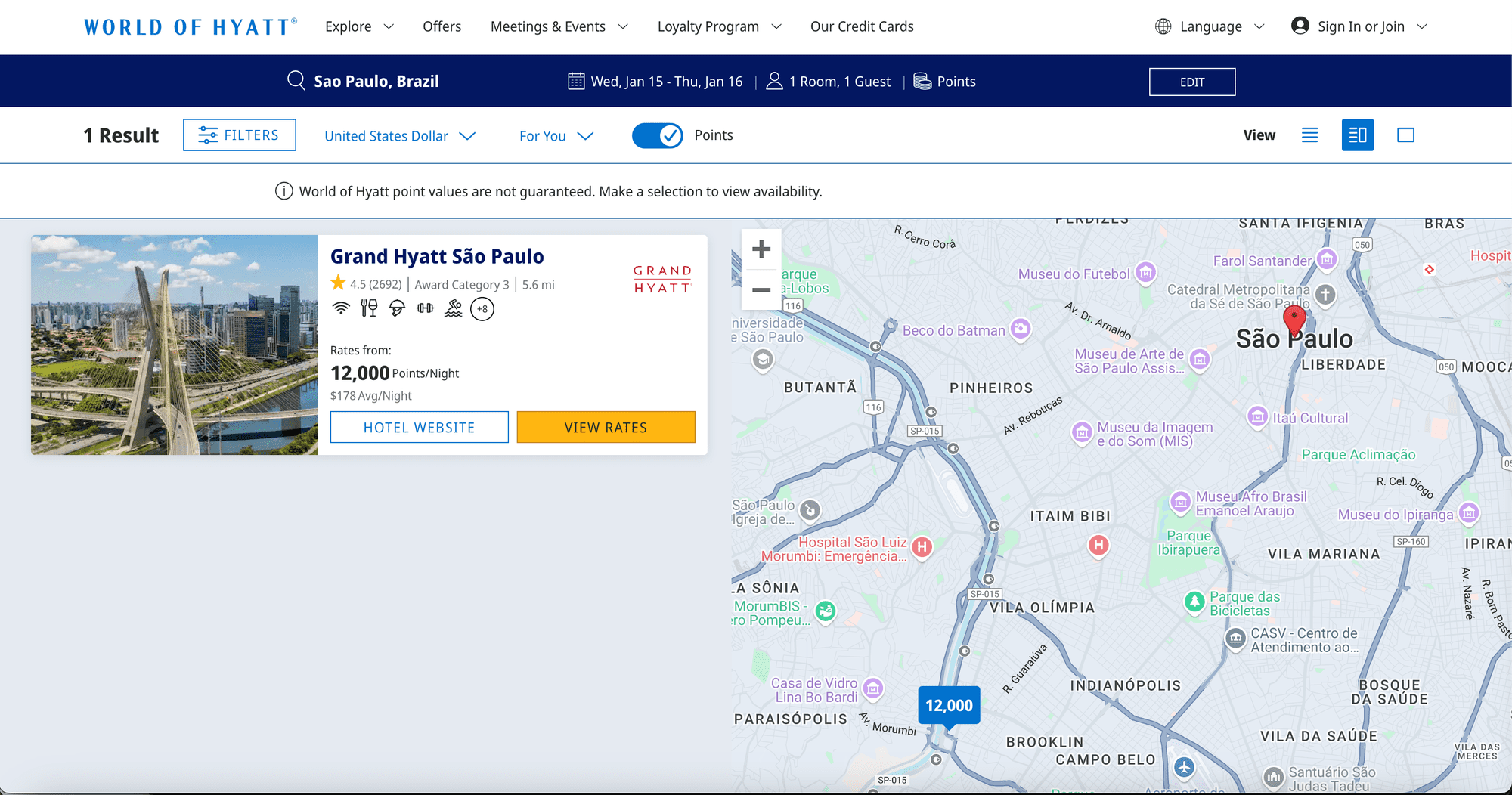 Screenshot of a search of São Paulo on Hyatt.com