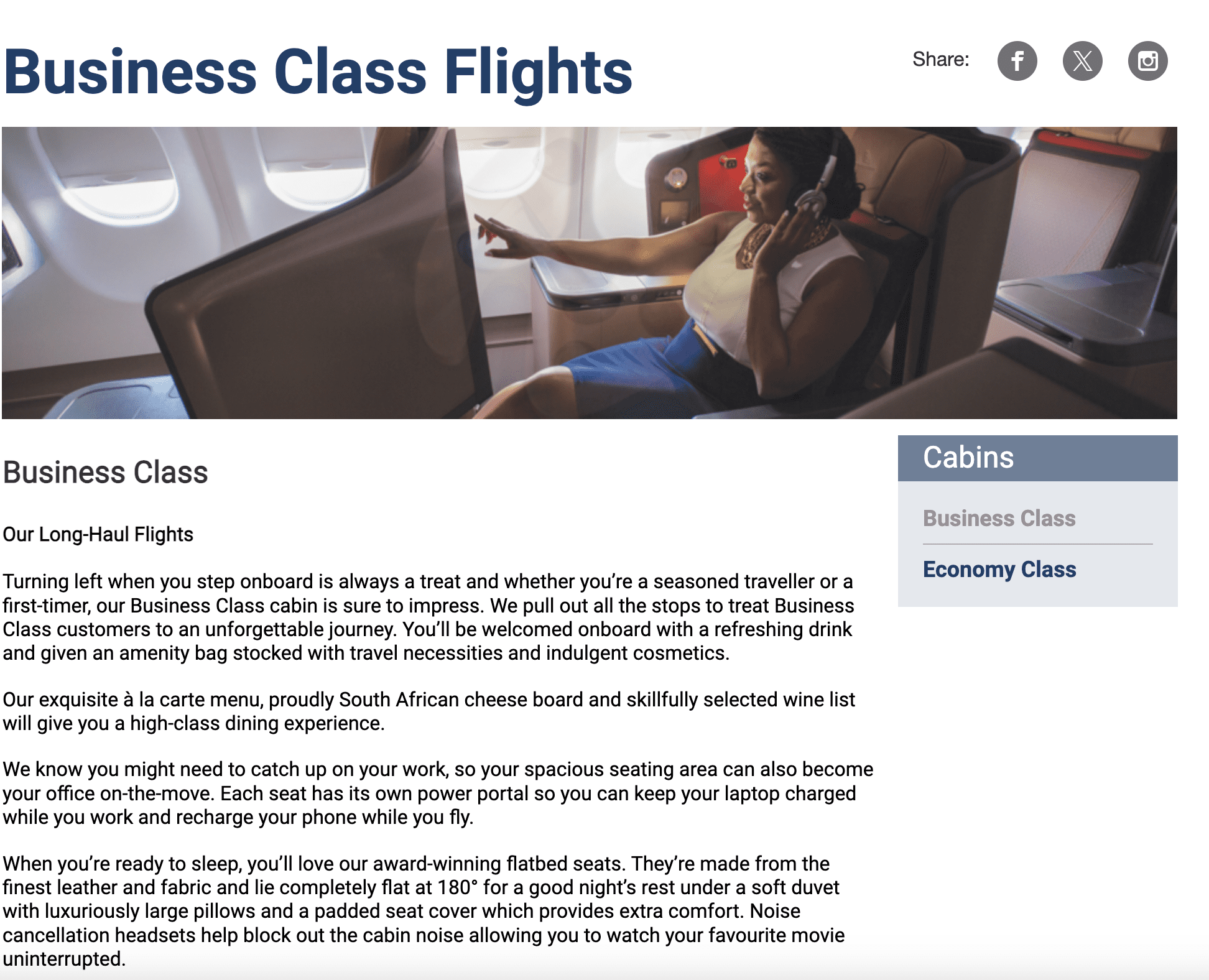 Screenshot of FlySAA.com business class page