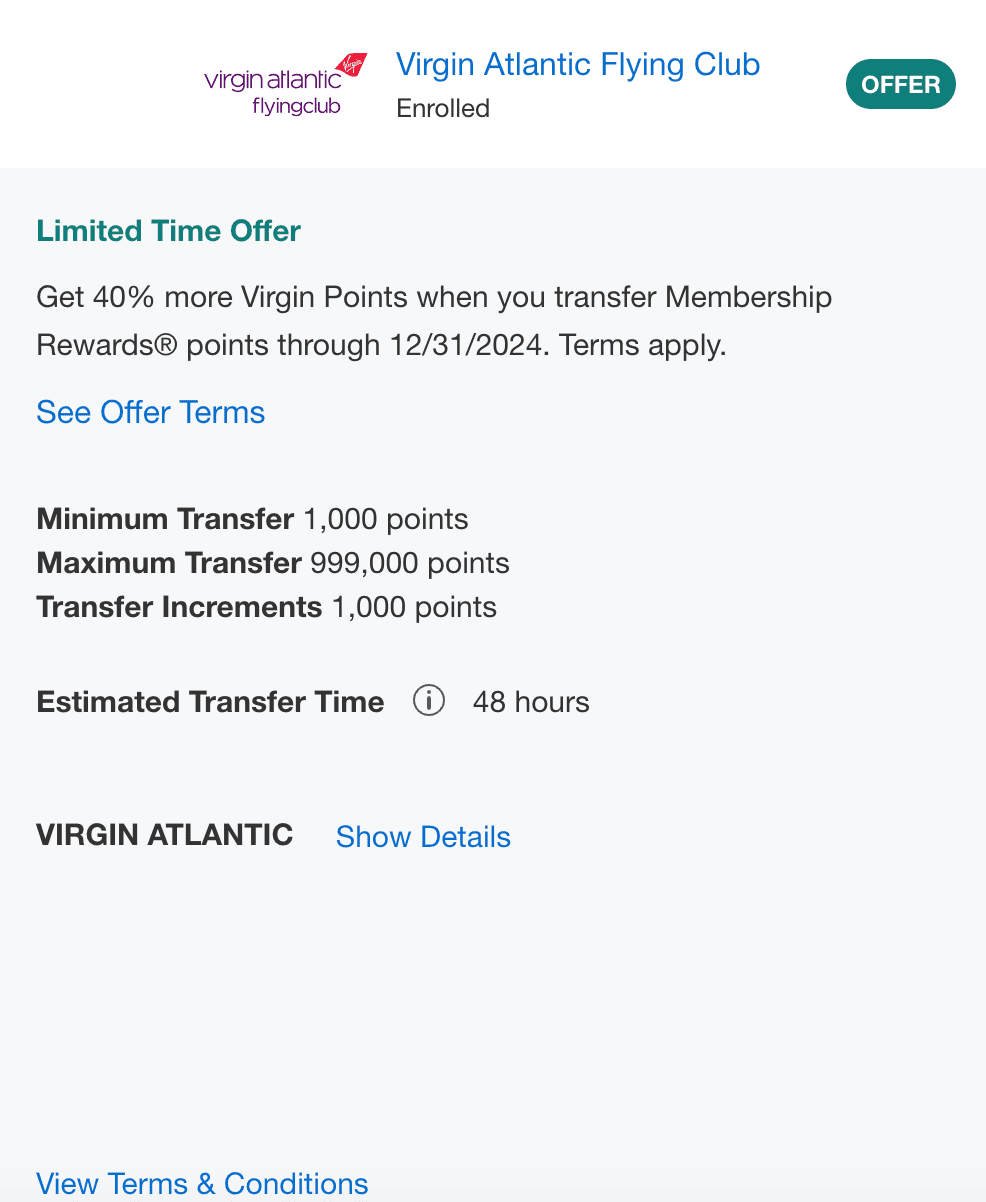 Screenshot of AMEX to Virgin Atlantic transfer bonus deal