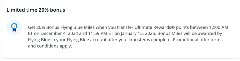 Screenshot of Chase / Air France KLM transfer bonus details