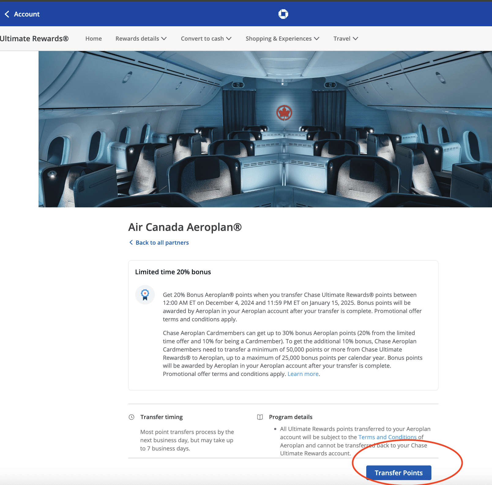 Screenshot of Ultimate Rewards portal when transferring points to Aeroplan