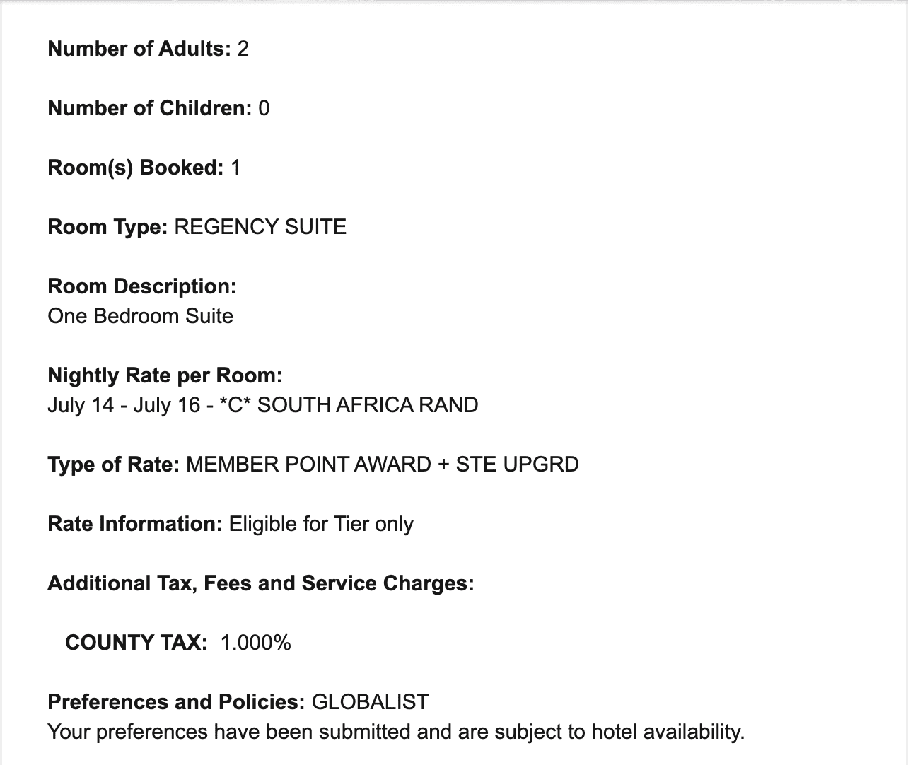 Screenshot of my Hyatt Regency Cape Town reservation