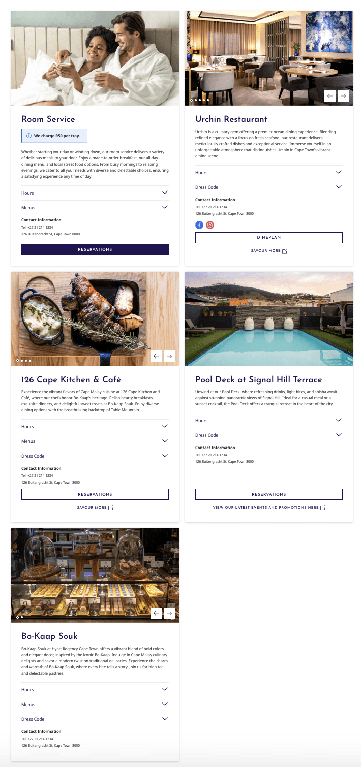 Screenshot of Hyatt Regency Cape Town dining options