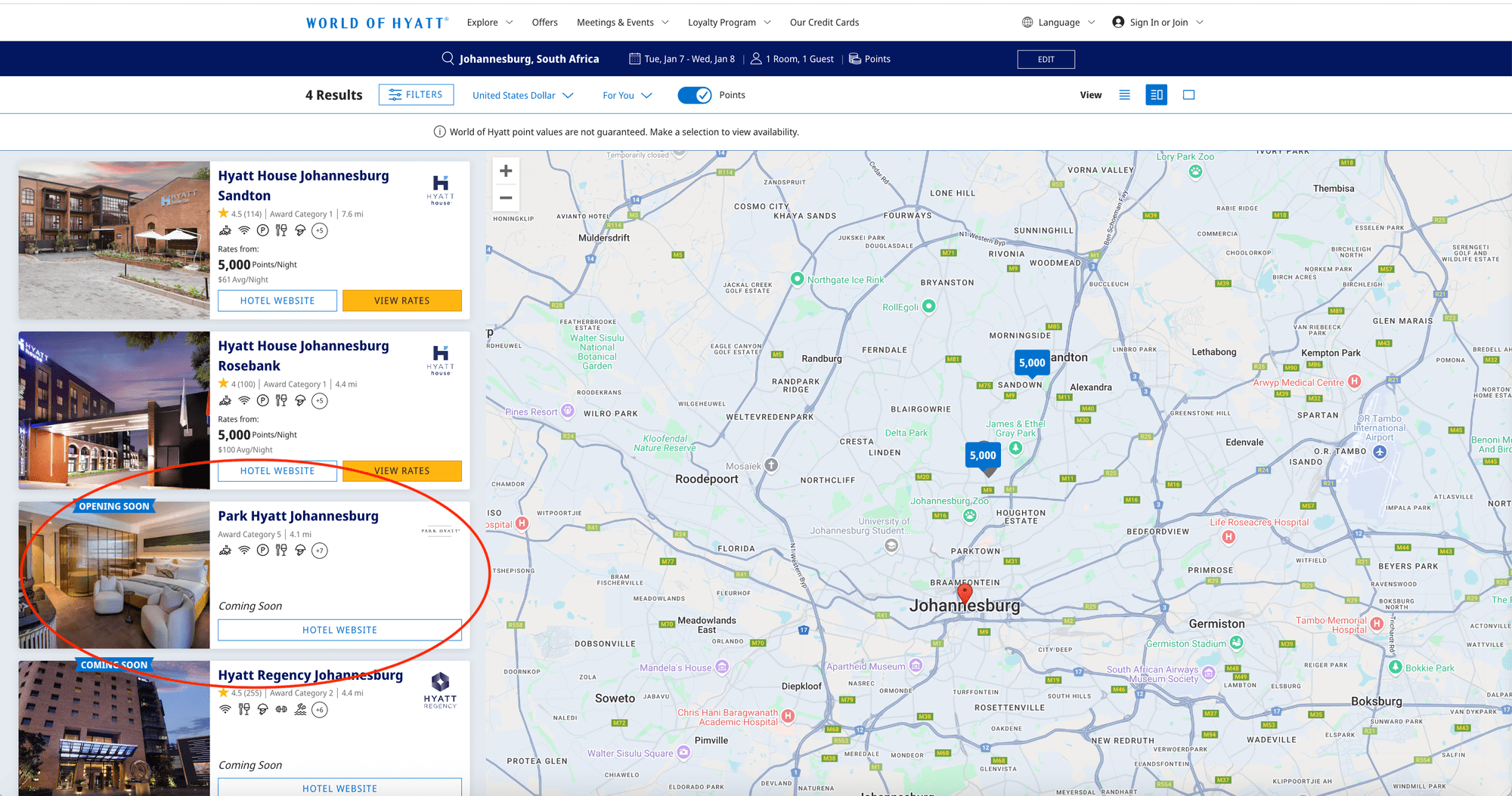 Screenshot of Hyatt search in Johannesburg, SA