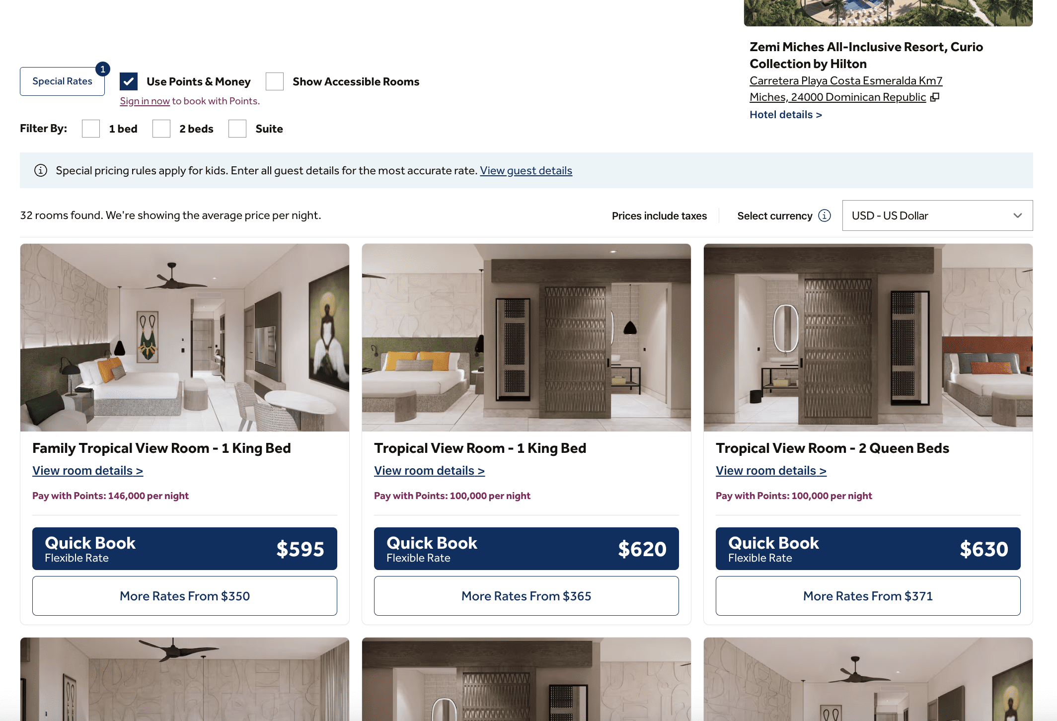 Screenshot of Zemi Miches sample pricing - Source: Hilton.com