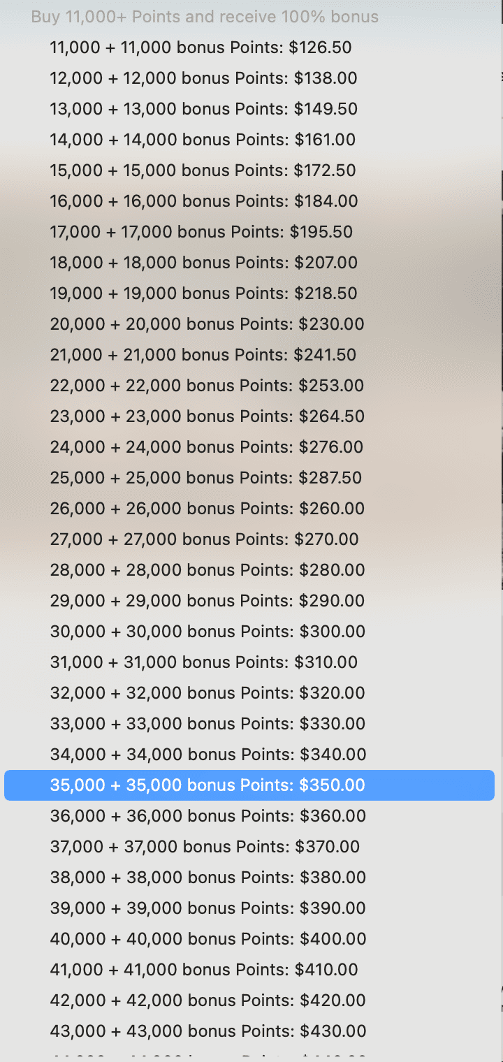 Select the amount of points you want to purchase - Source: IHG