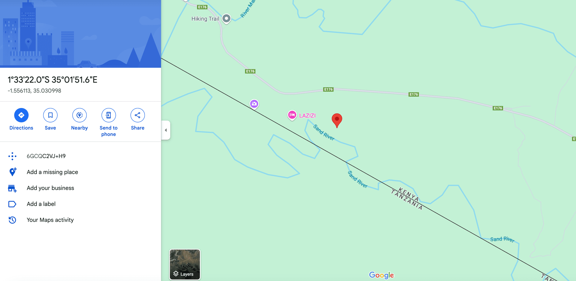 Geo Coordinates for The Ritz-Carlton Masai Mara Safari Camp - Source: Google