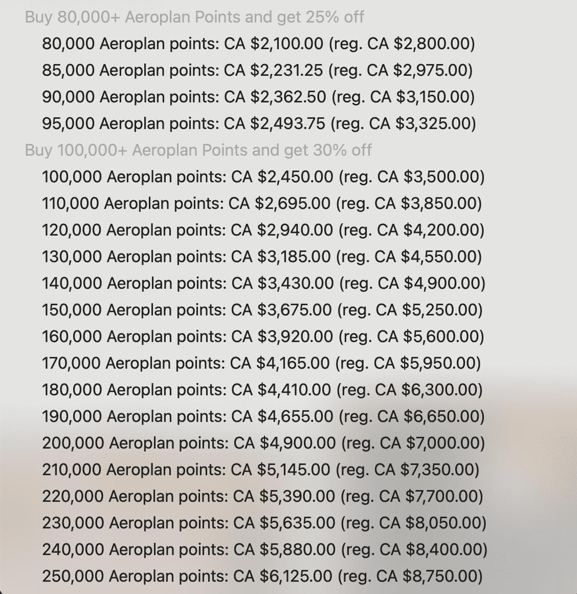 Maximum per transaction purchase - Source: aircanada.com