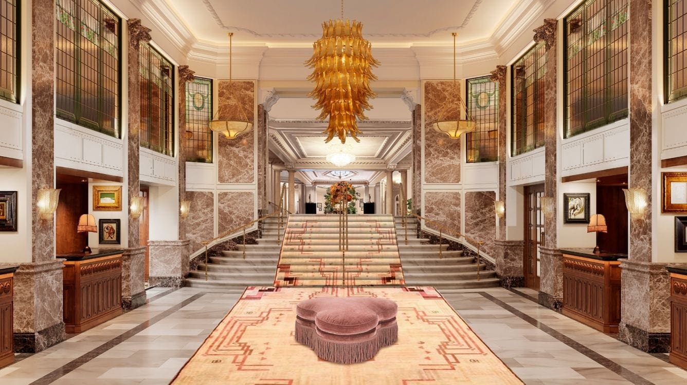 a staircase with a carpet and a cushion on it