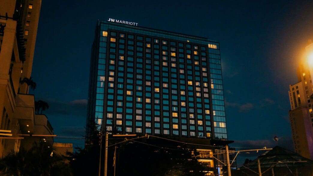a building with many windows at night