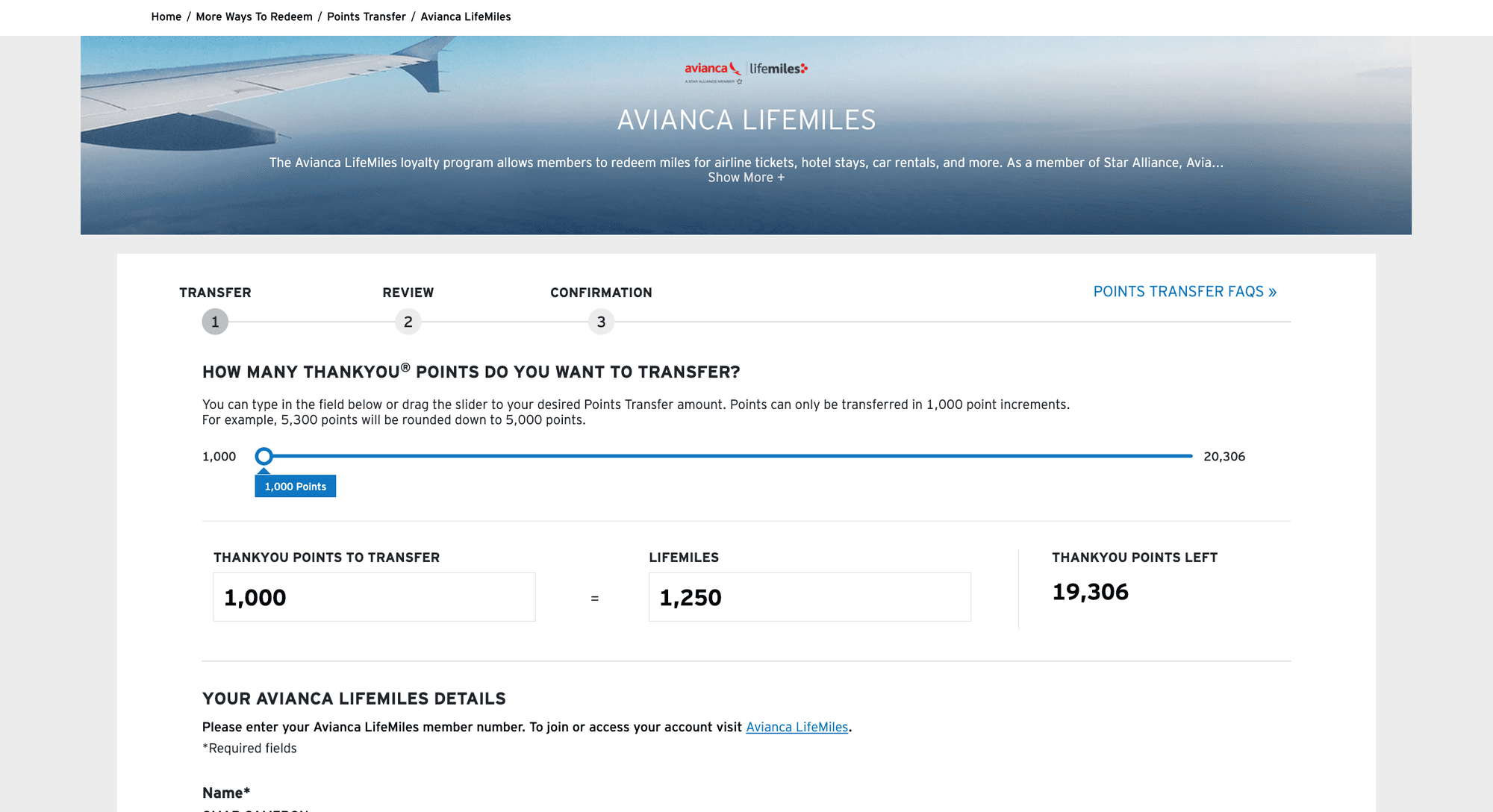 Transferring ThankYou points to Avianca LifeMiles - Source: thankyou.com
