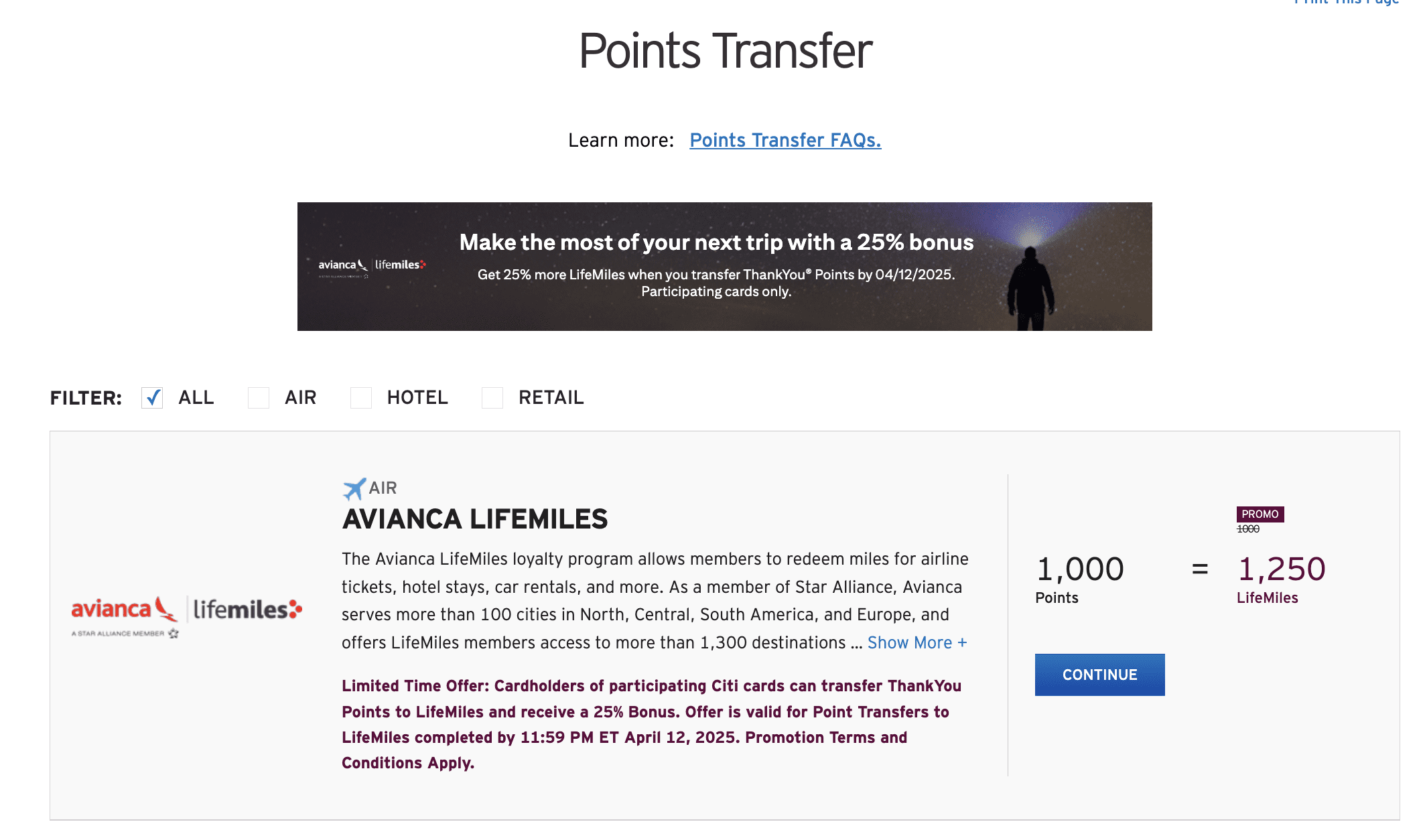 Transferring ThankYou points to Avianca Lifemiles - Source: thankyou.com