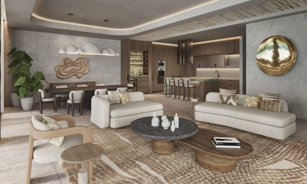 a living room with a kitchen and dining area