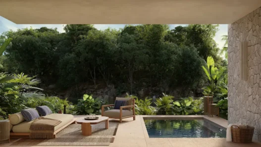 a pool and chairs on a patio