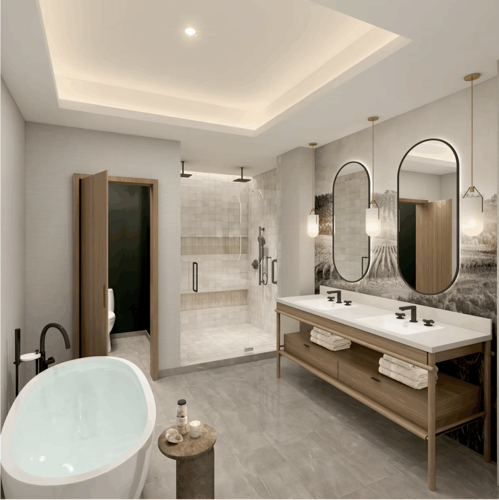 a bathroom with a tub and sink