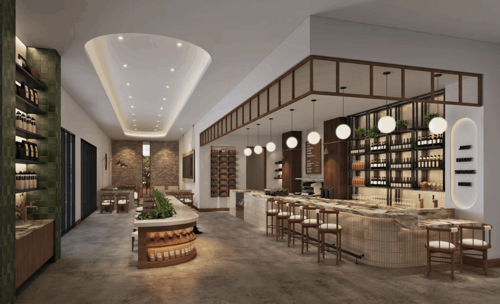 a room with a bar and shelves