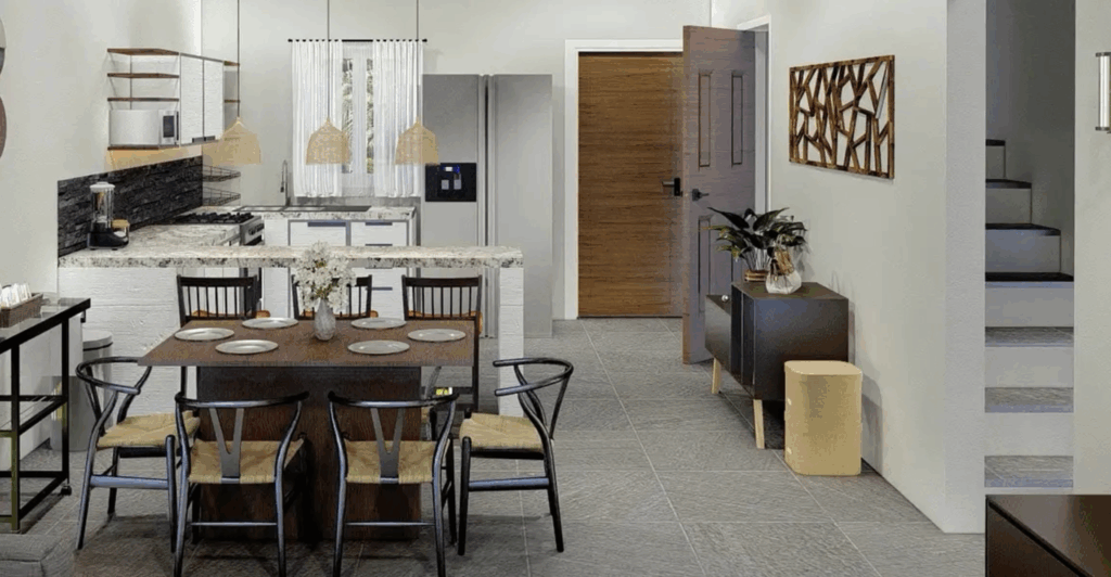 a kitchen with a table and chairs