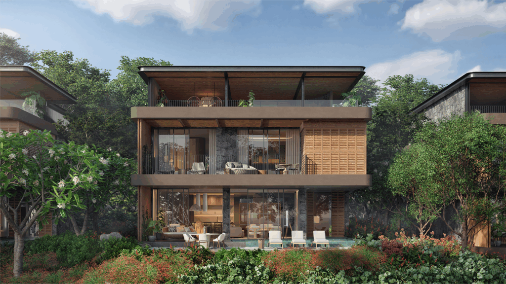 a building with a pool and a garden