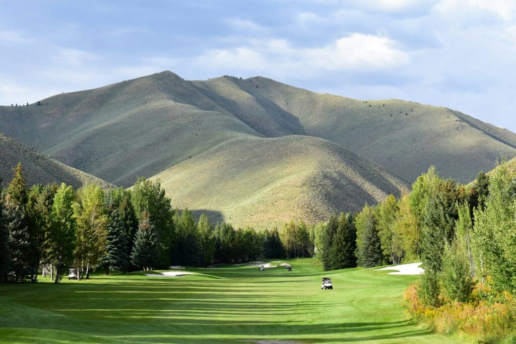 a golf course with trees and mountains in the background