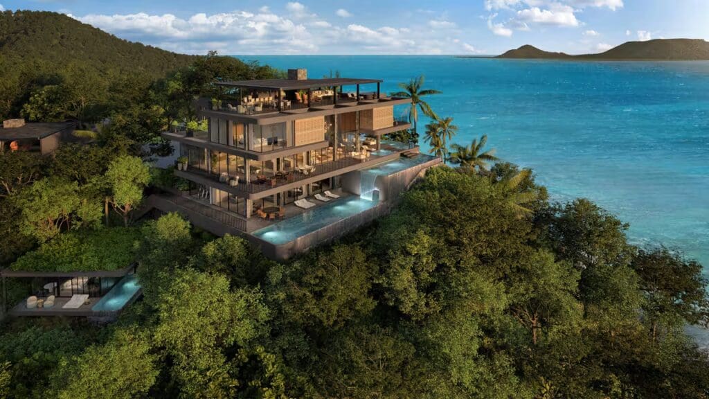 a house with a pool surrounded by trees