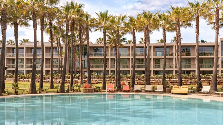 a pool with palm trees and chairs