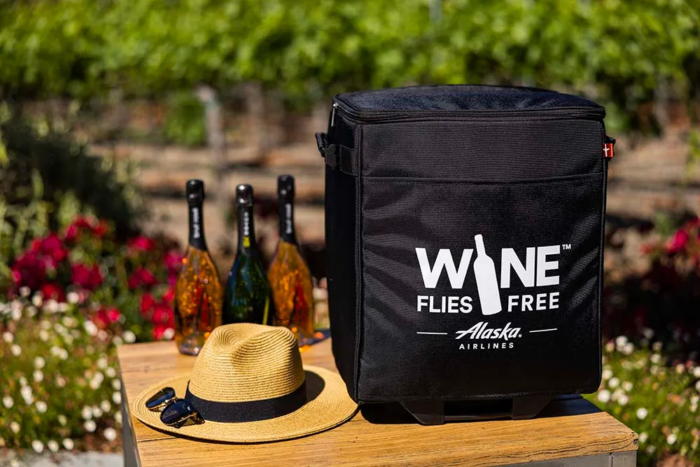 a black bag with a hat and glasses on a table
