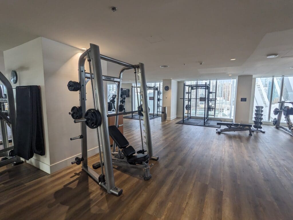 a gym with weights and exercise equipment