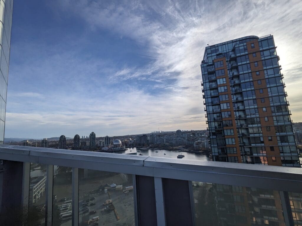 a view of a city from a balcony