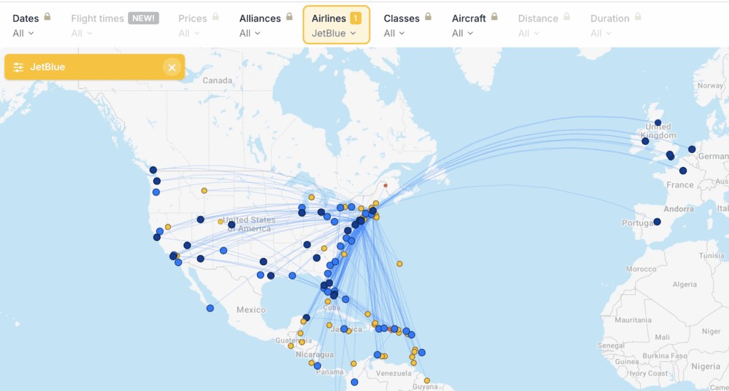 a map of the united states with points and lines