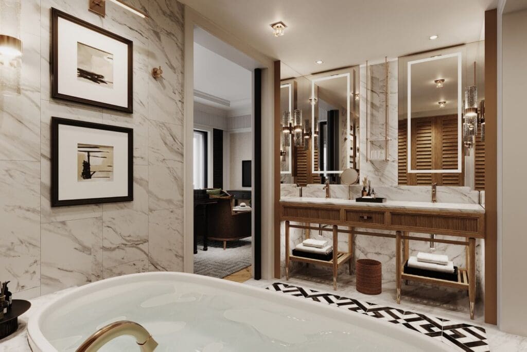 a bathroom with a tub and a sink