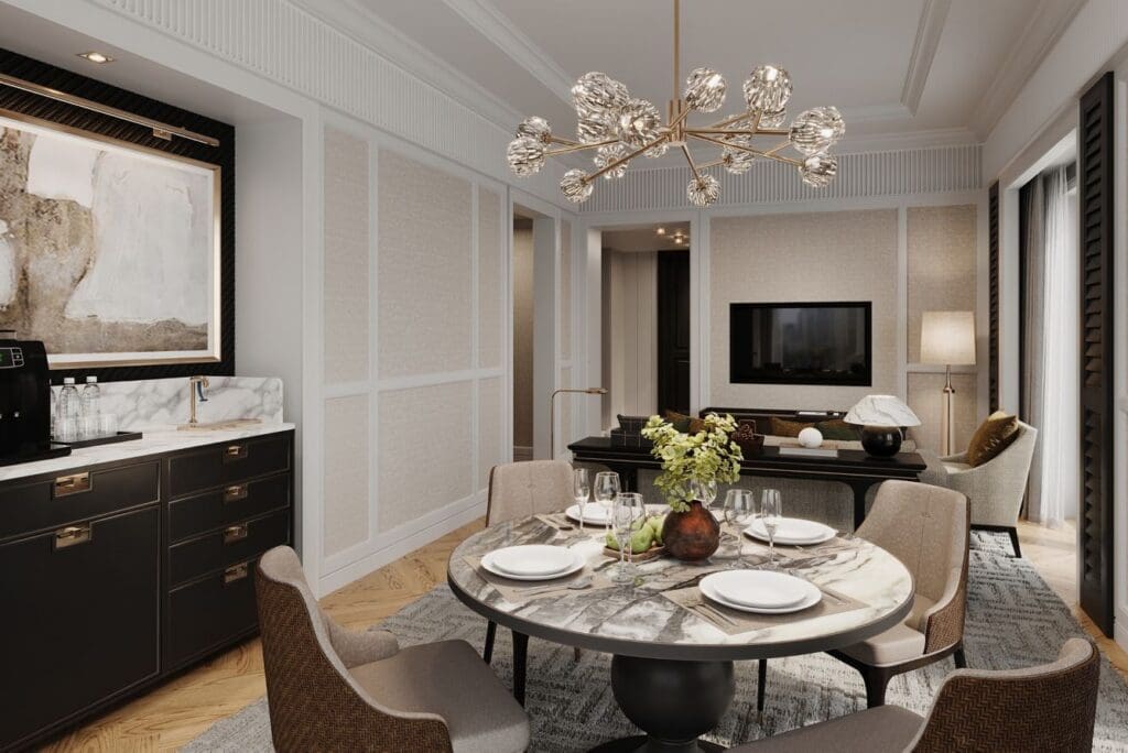 a dining room with a table and chairs