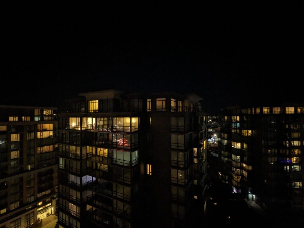 a building with many windows at night